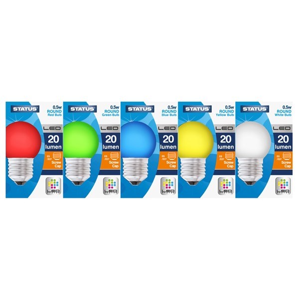 Box of 5 Mixed Colour LED Edison Screw Cap Round Bulbs - 0.5W - 20 Lumen