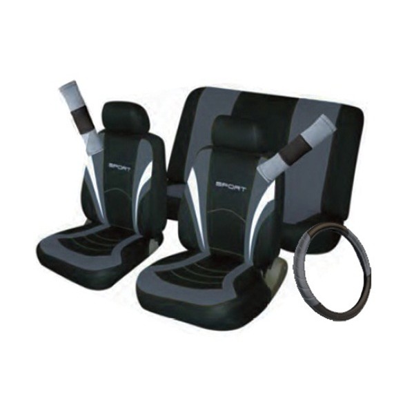 Car Seat, Steering Wheel & Seatbelt Cover Sport - Set - Black/Grey