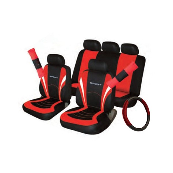 Car Seat, Steering Wheel & Seatbelt Cover Sport - Set - Black/Red