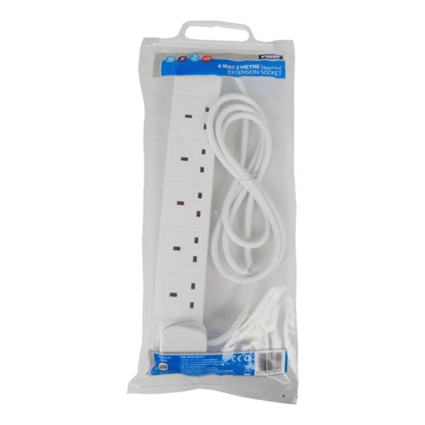 6 Way Extension Socket - White - 2m