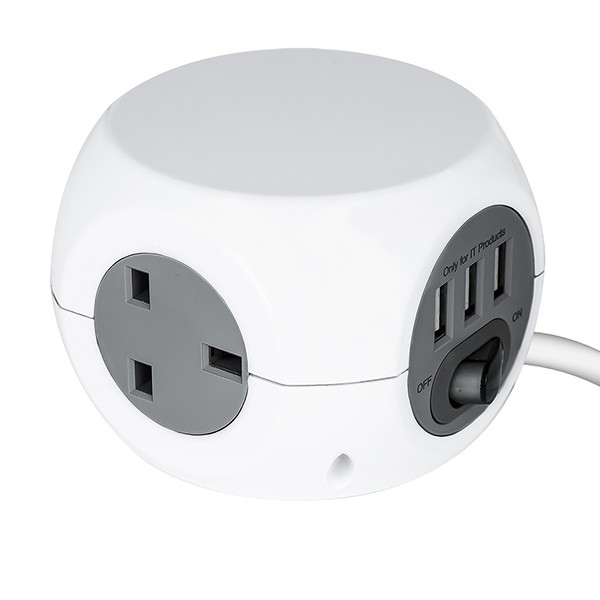 3 Way Cube Socket with 3 USB Ports - White - 1.4m