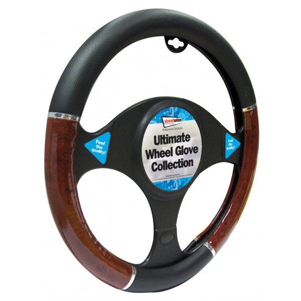 Steering Wheel Cover - Luxury - Black/Wood