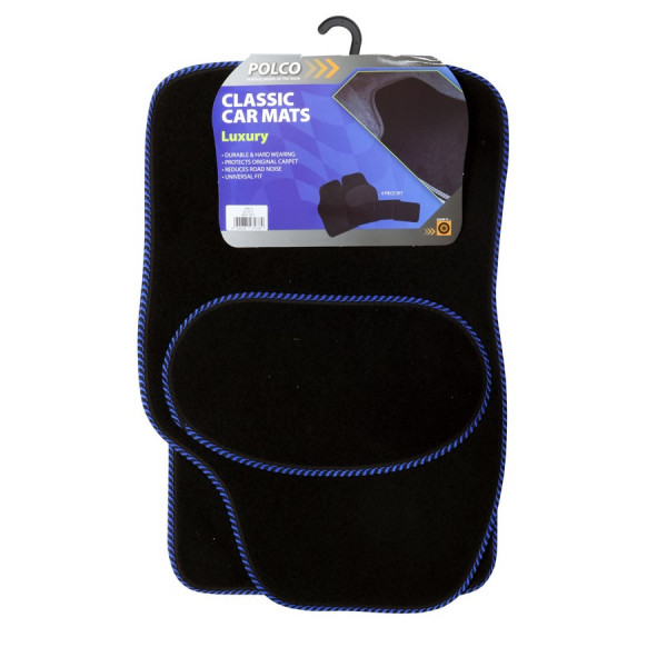 Luxury Universal Mat Set - Blue S Binding - Black - 4 Piece