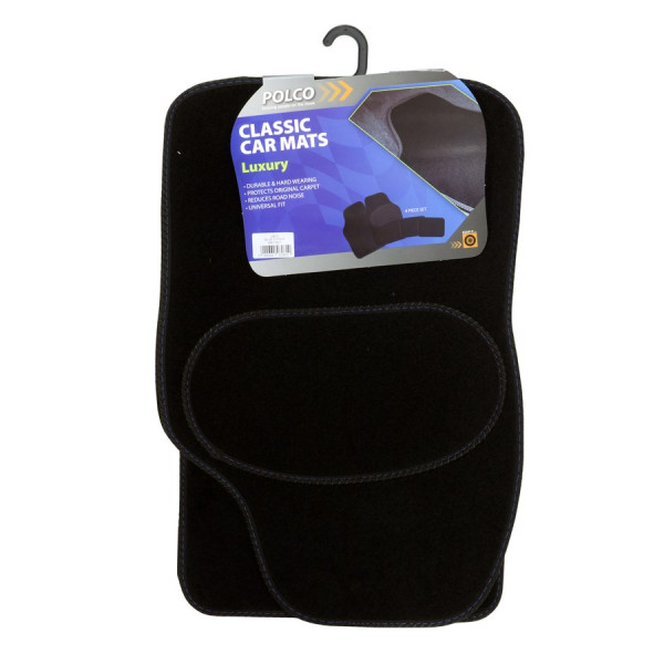 Luxury Universal Mat Set - Blue Stitching - Black - 4 Piece